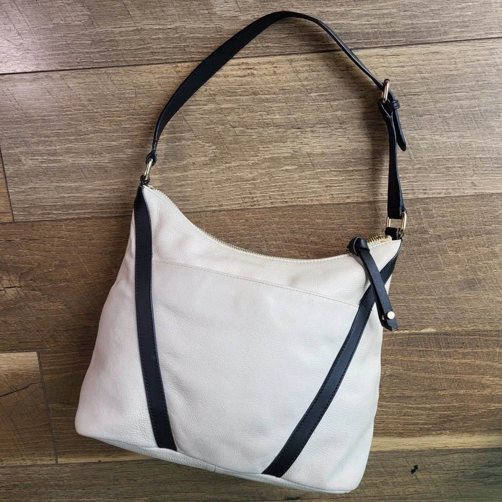 Calvin Klein Cream Black Pebbled Leather Hobo Shoulder Bag Gold Hardware